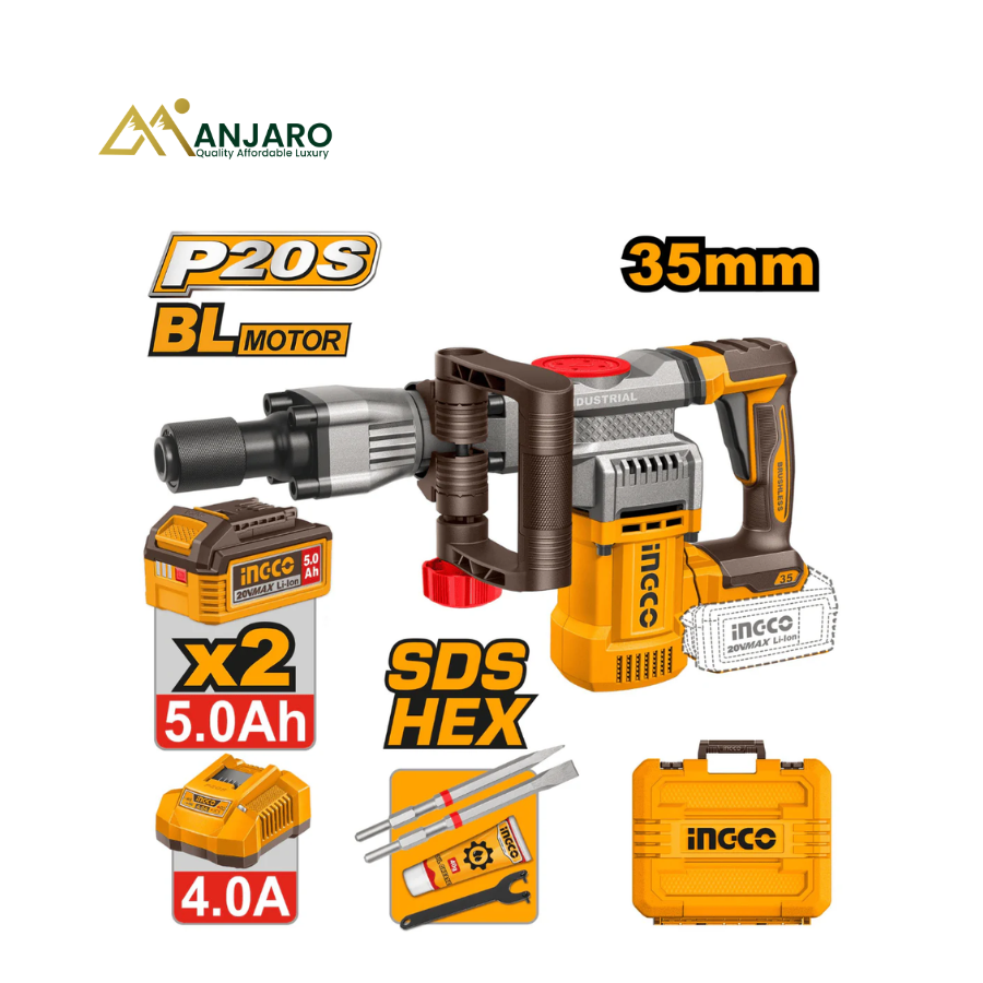 Ingco Cordless Demolition Breaker – Brushless HEX Chuck Concrete Breaker – 20V CDBLI203582