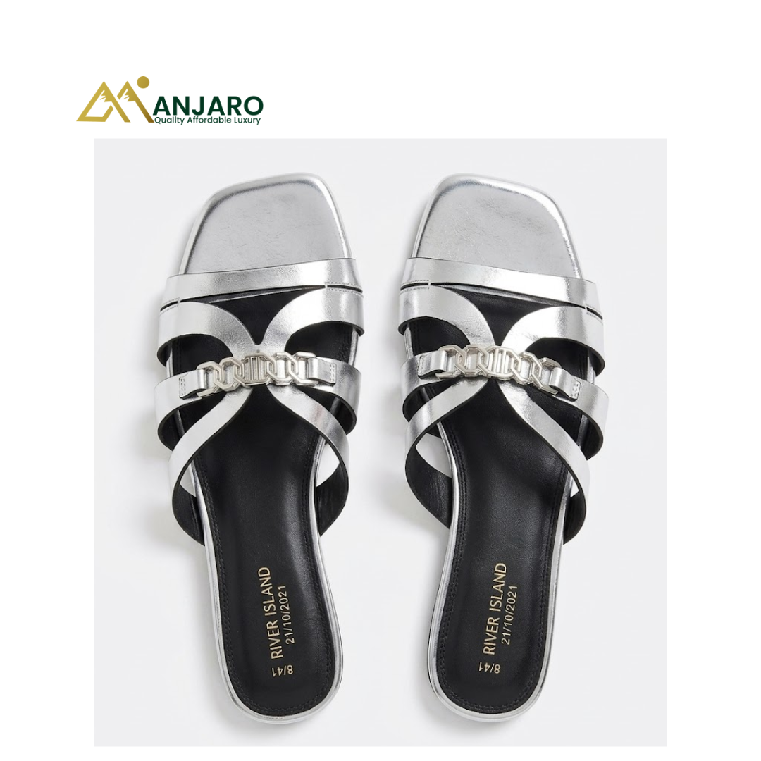 River Island Studios Metallic Silver Flat Sandals – Women’s Casual Slides (UK Size 8)