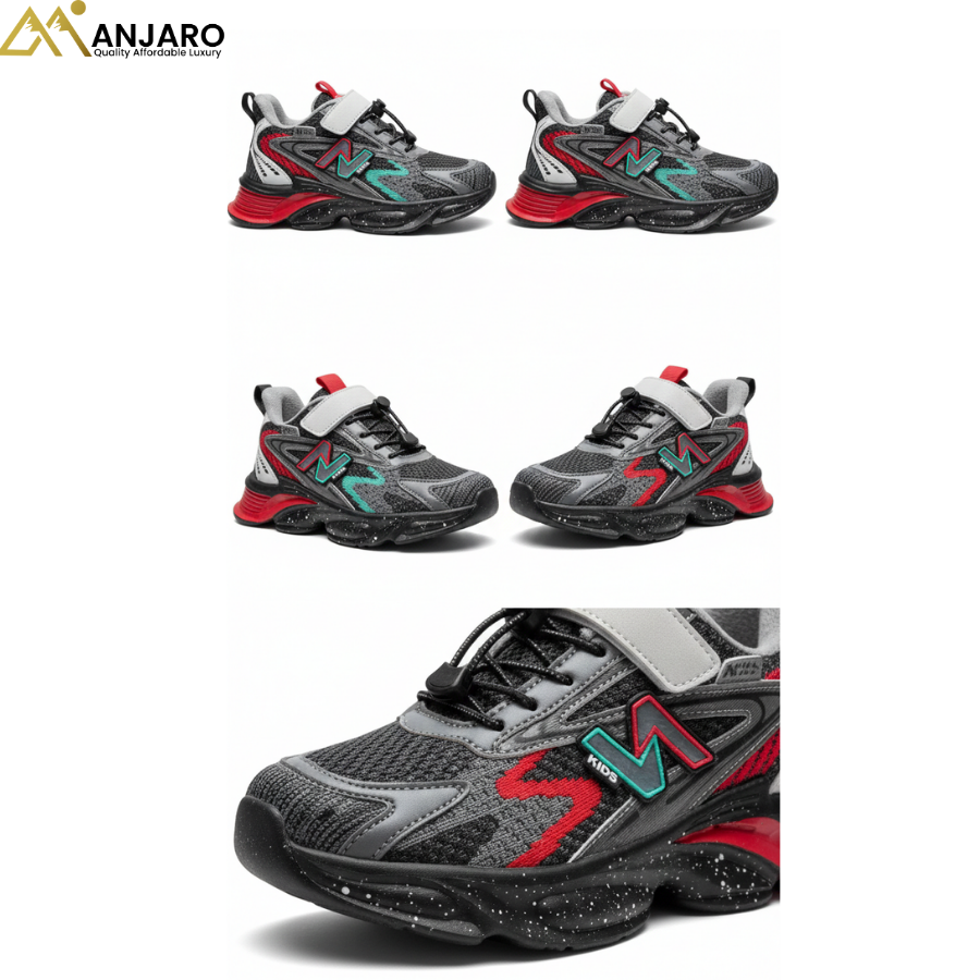 UrbanPulse Boys Athletic Sneakers – Black, Red & Grey