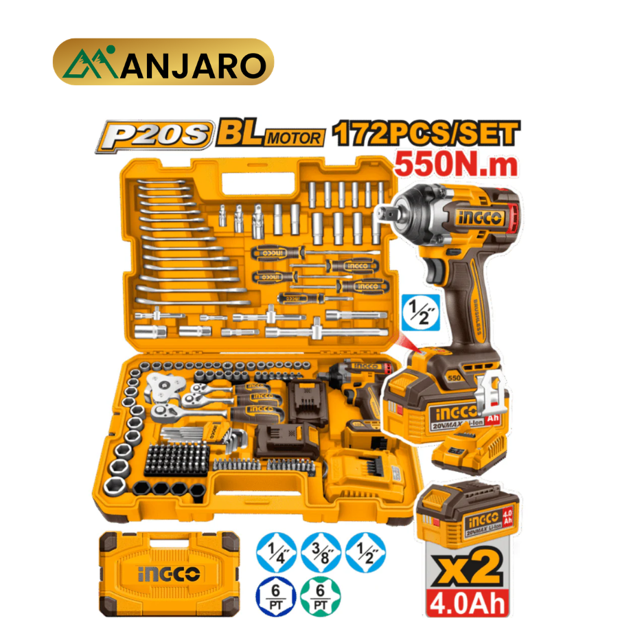 Ingco Cordless Impact Wrench Tool Set 20V 172 Pcs 550Nm Brushless Power Kit HKTHP41723