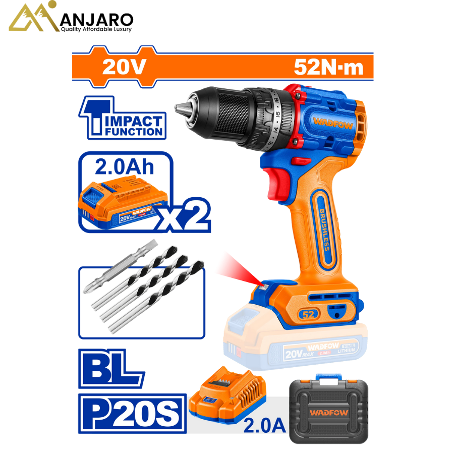 Wadfow 20V Brushless Cordless Impact Drill – 52Nm WCDP5281