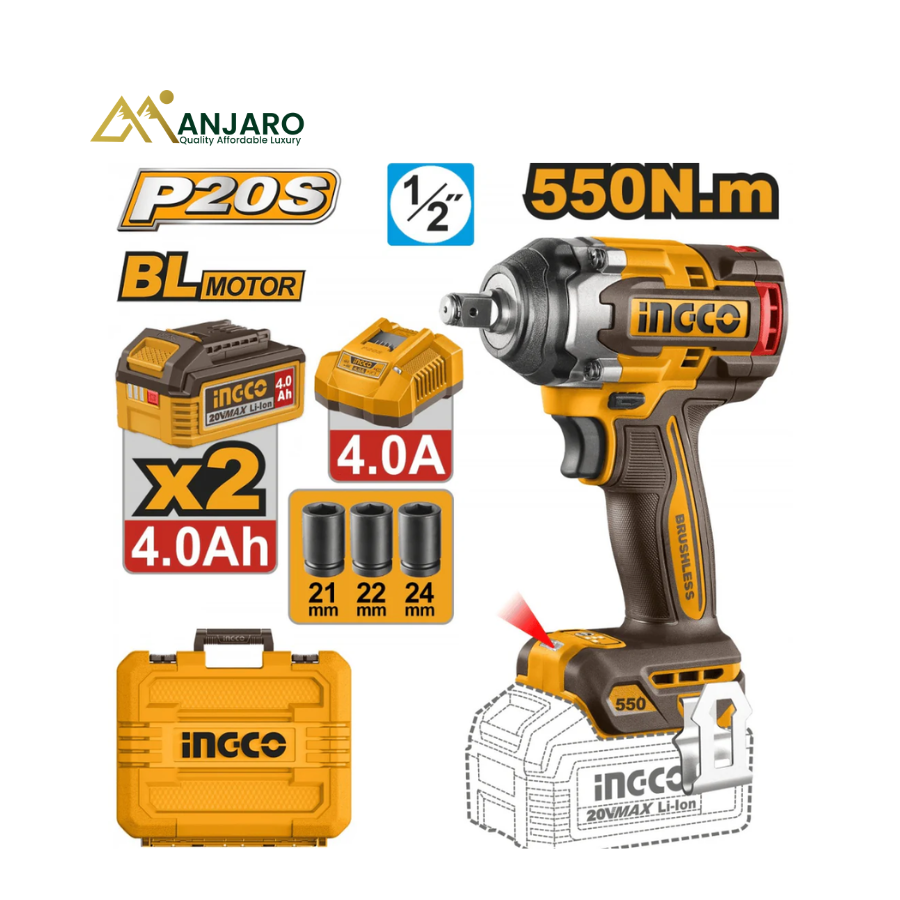 INGCO 20V Brushless Cordless Impact Wrench – 550Nm Torque with 4.0Ah Batteries & Sockets CIWLI2055