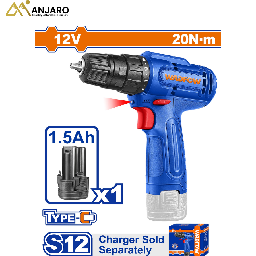 Wadfow Cordless Drill – 12V with LED Work Light & USB-C Rechargeable Battery WCDS518