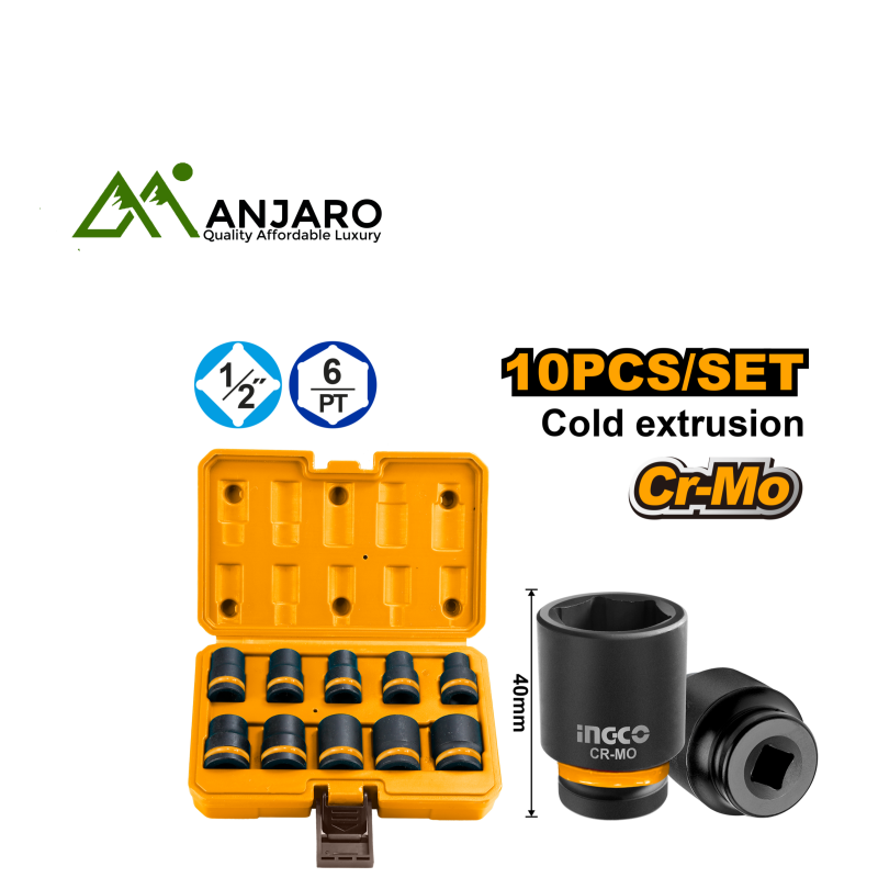 HKISSD12101 10 Pcs 1/2"DR Impact Socket Set – Cr-Mo Steel, Heat-Treated for Heavy-Duty Performance