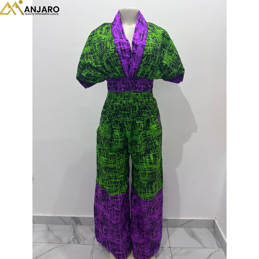 V-Neck Jumpsuit – Neon Green & Royal Purple Abstract
