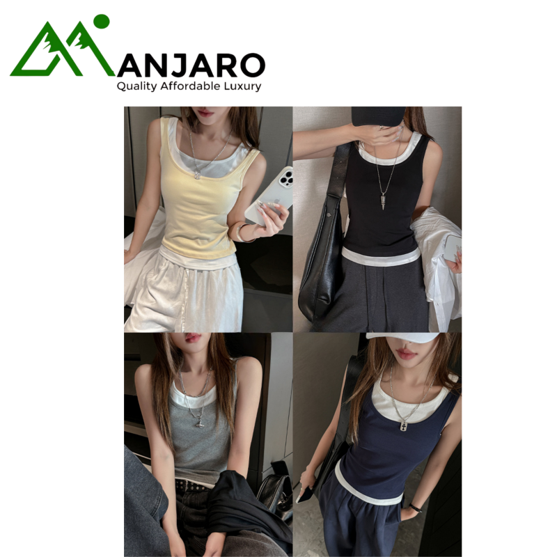 Zi Rui Women’s Color-Blocked Faux Two-Piece Cotton Tank Top (Shipping fee Included)