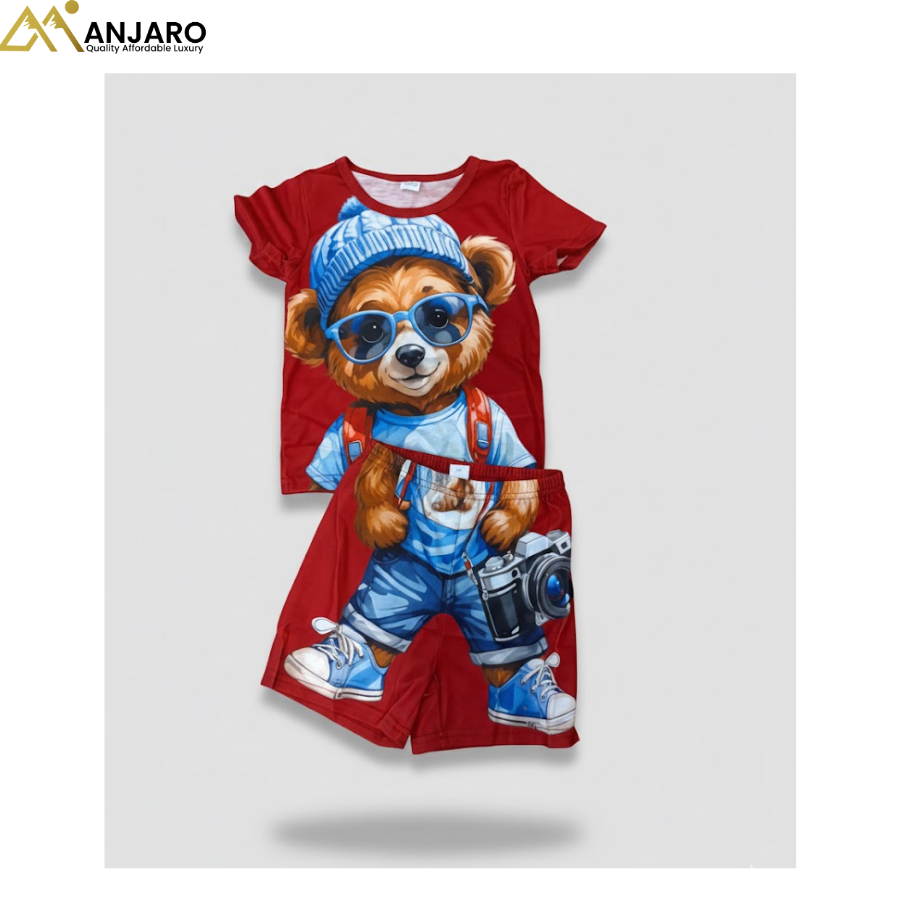 Boys Red Cartoon Bear T-Shirt & Shorts Set – 2 Piece Outfit (Sizes 1–3)