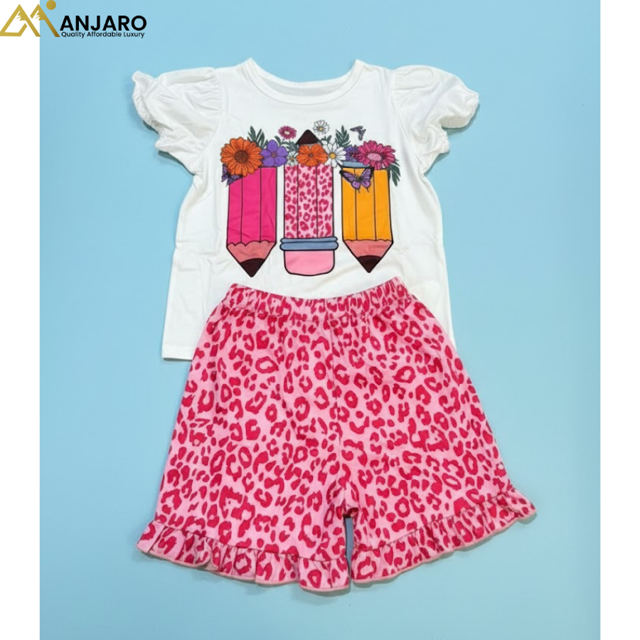 Girls Pencil Print Top & Pink Leopard Skirt Set – 3/4/5 Years