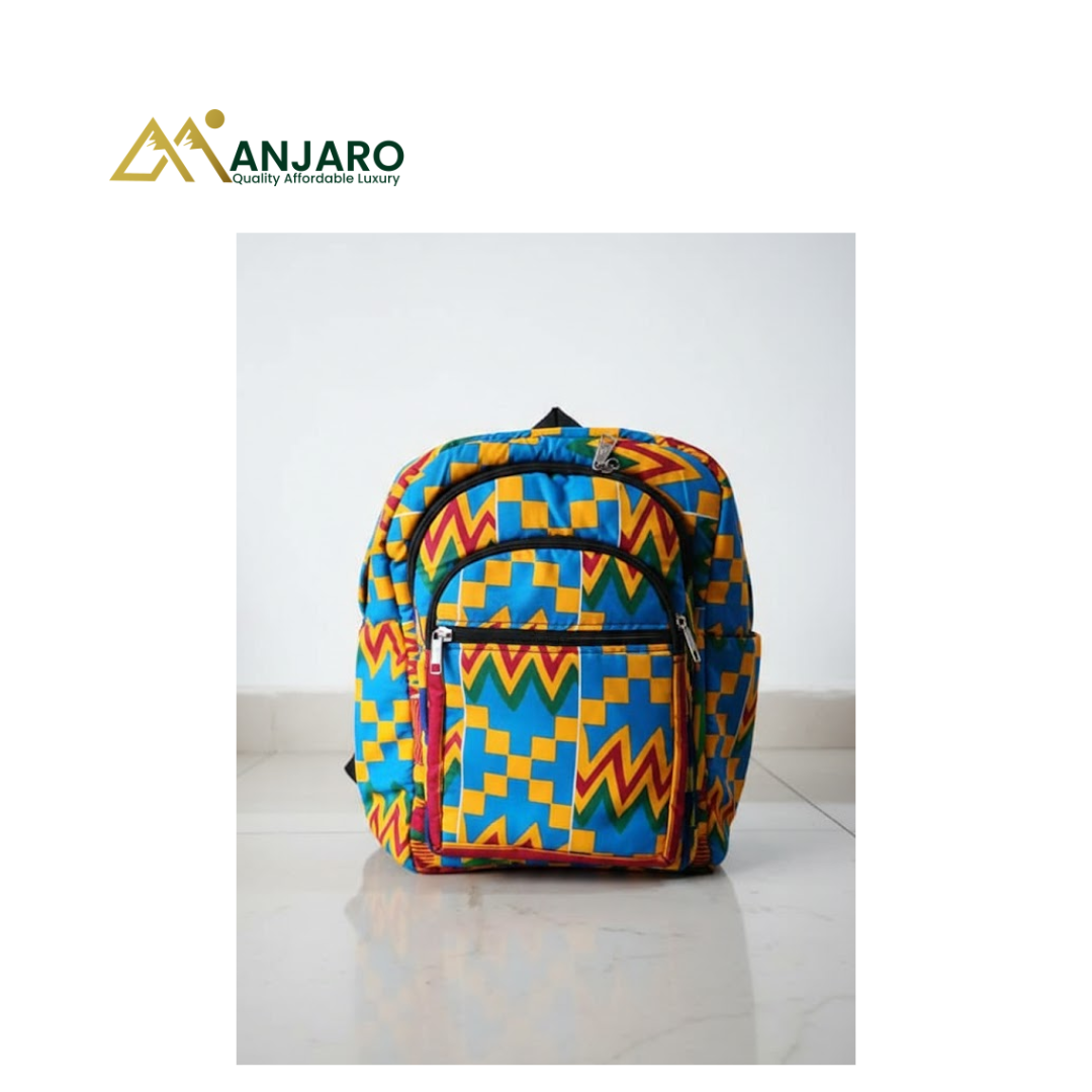 Artisan Kente Geo-Pattern Backpack – Azure & Amber
