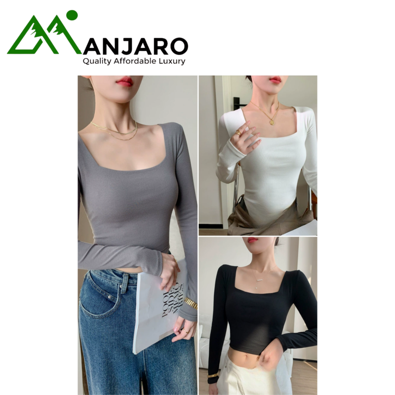 Zi Rui Women’s Pure Cotton Square Neck Long Sleeve Slim Top (Shipping fee included)