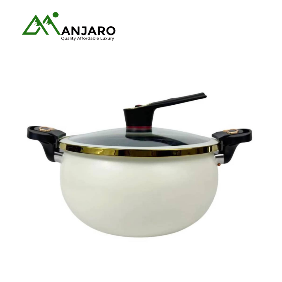 Premium White Ceramic Non-Stick Cooking Pot | Glass Lid & Gold Trim | Stylish Kitchen Cookware