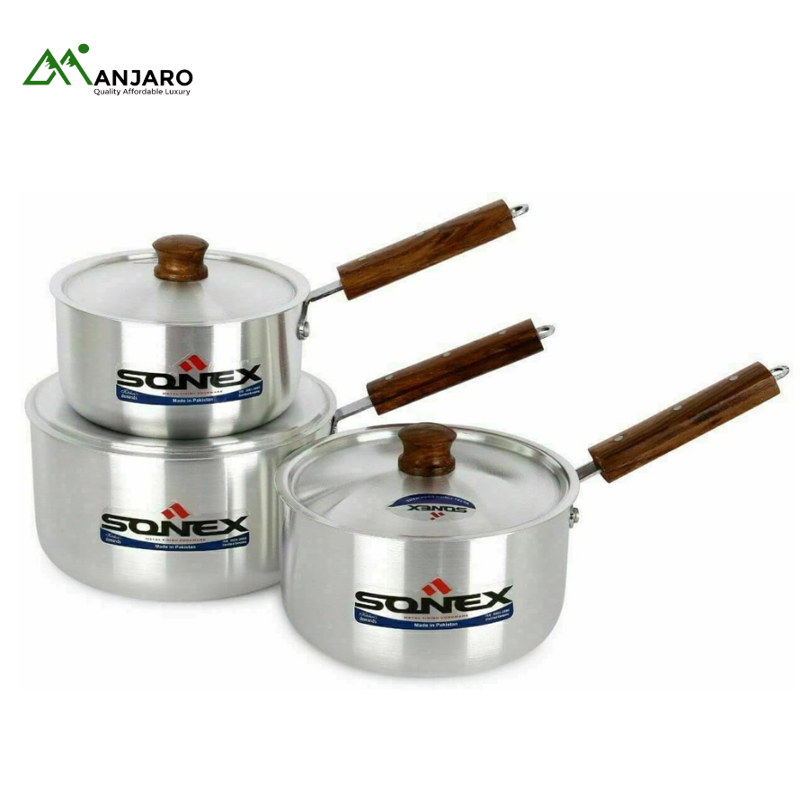 Sonex 3-Piece Aluminum Saucepan Set – Durable Metal Finish Cookware with Wooden Handles & Lids