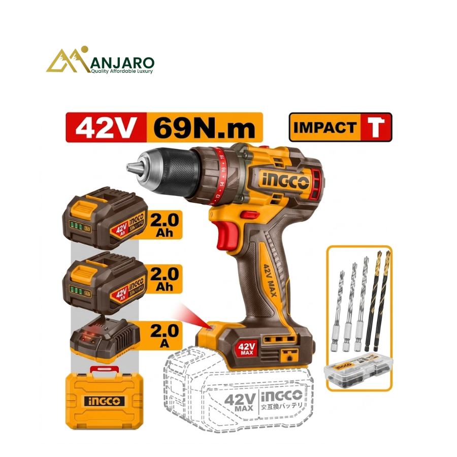 Ingco Compact Brushless Cordless Impact Drill – 42V 69Nm Professional Hammer Drill with 47-Piece Accessory Kit CIDLI426982