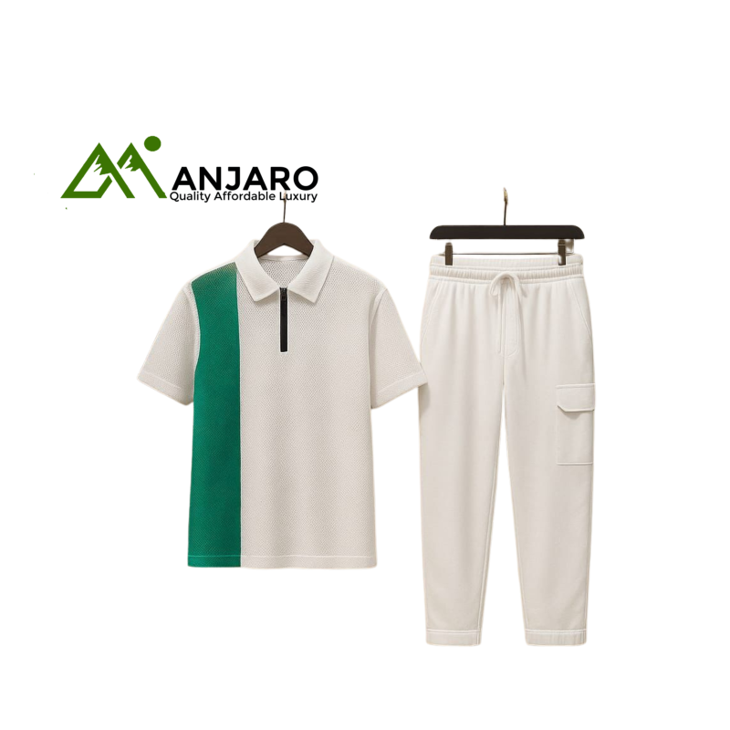 Men’s White & Green Polo Jogger Set – 2-Piece Comfort Fit, Stylish & Breathable