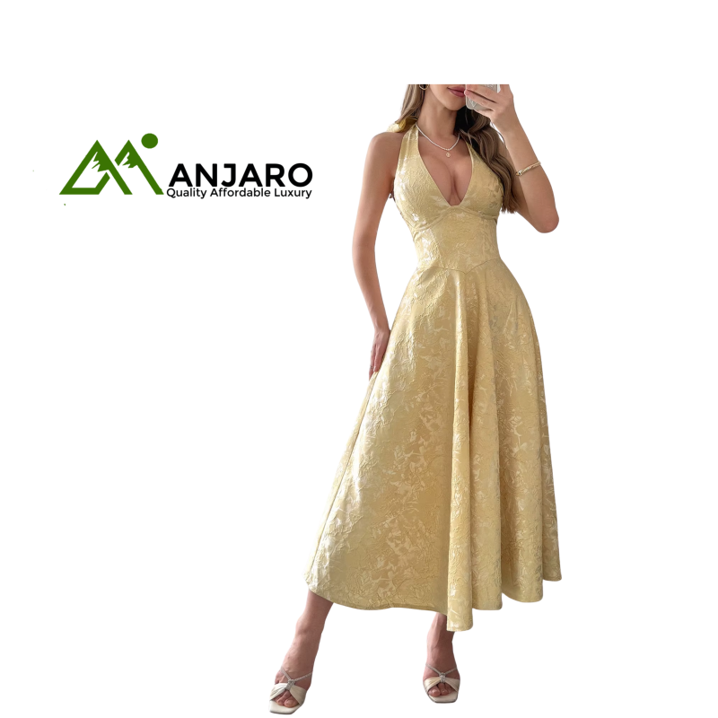 D&M V-Neck Backless Maxi Dress – Elegant A-Line Evening Gown for Women (Breathable, Quick-Dry, Party Wear)