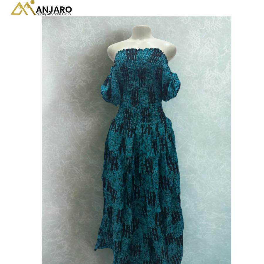 Off-Shoulder Smocked Maxi Dress – Turquoise & Black Geometric Hatch