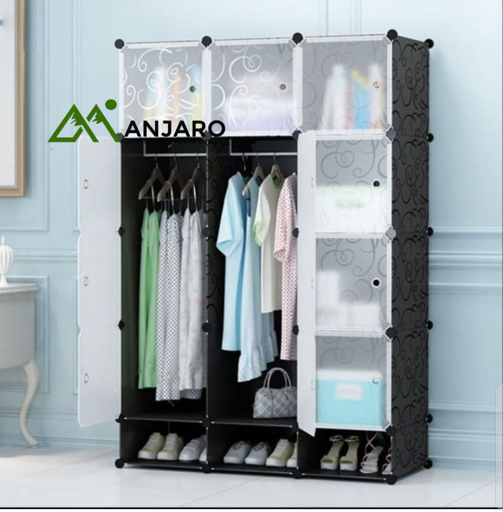 Modern 3-Section Modular Plastic Wardrobe – Triple Hanging Rods, Upper Storage & Shoe Rack | 175cm Height