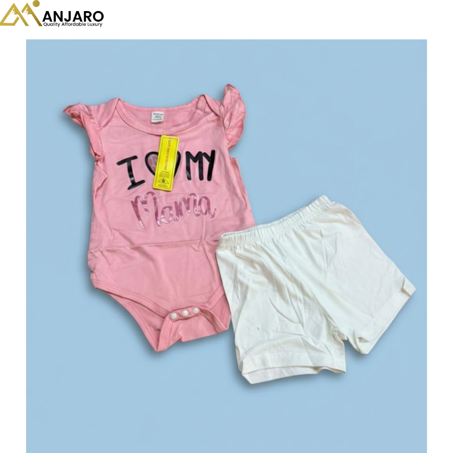 Baby Girl “I Love My Mama” Pink Bodysuit & Shorts Set – 6–12 Months