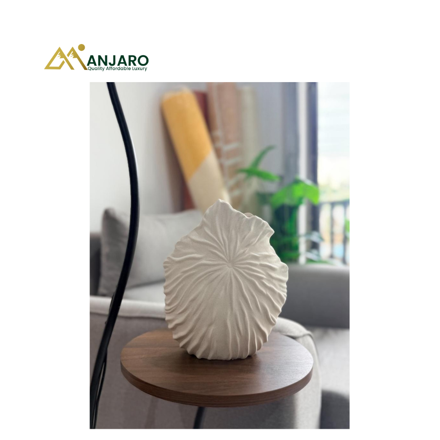Leaf-Inspired Ceramic Decorative Vase – Ivory White– Medium