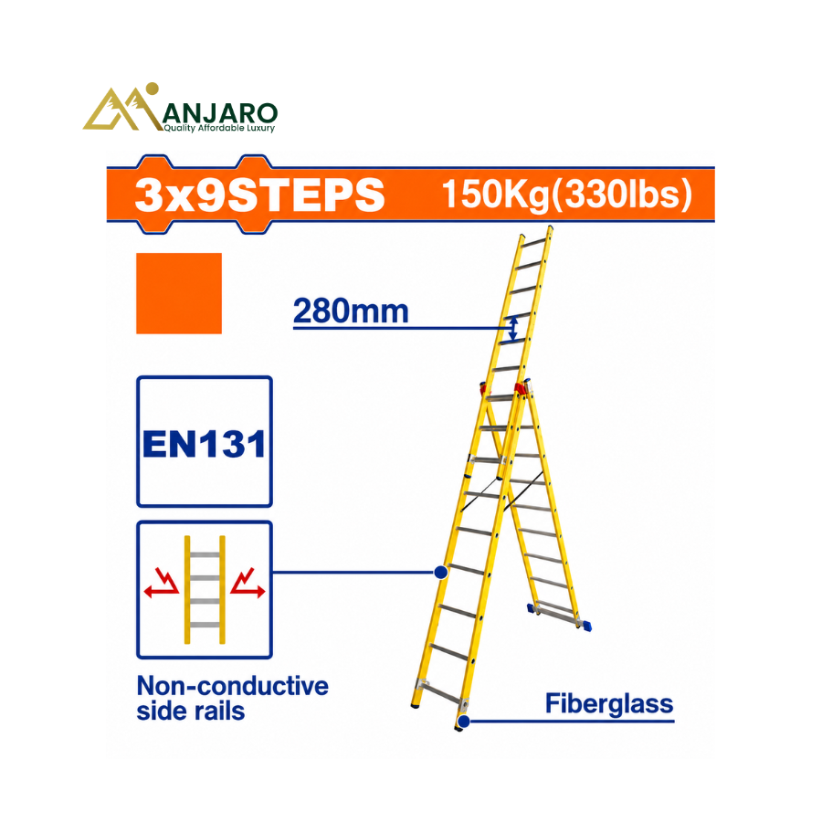WADFOW 3-Section Fiberglass Extension Ladder – 3×9 Steps – 5.92m Reach – 150kg Capacity WLD2939