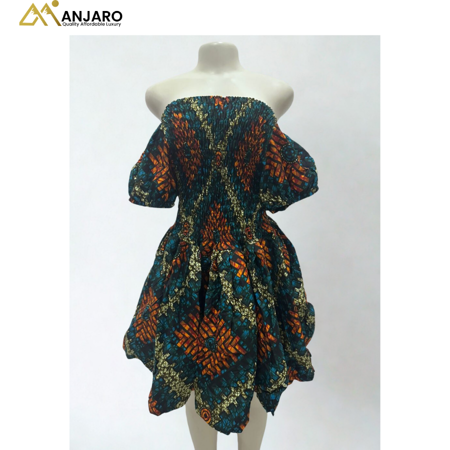 Ankara Off-Shoulder Smocked Flare Dress – Teal & Orange