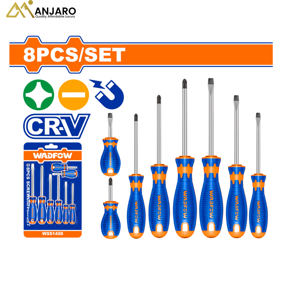 Wadfow 8-Pcs Screwdriver Set – Cr-V Round Shank Hand Tools WSS1408