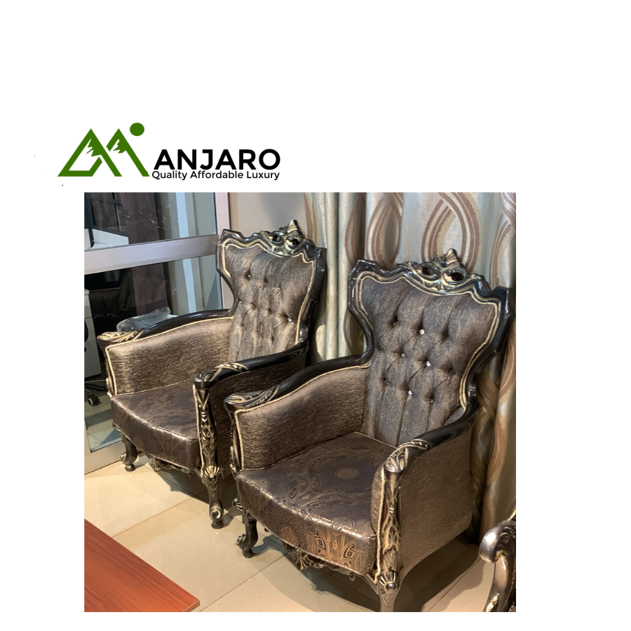 Royal Heritage  of High-Back Armchairs - Tufted Patterned Velvet & Carved Silver/Gold Frame