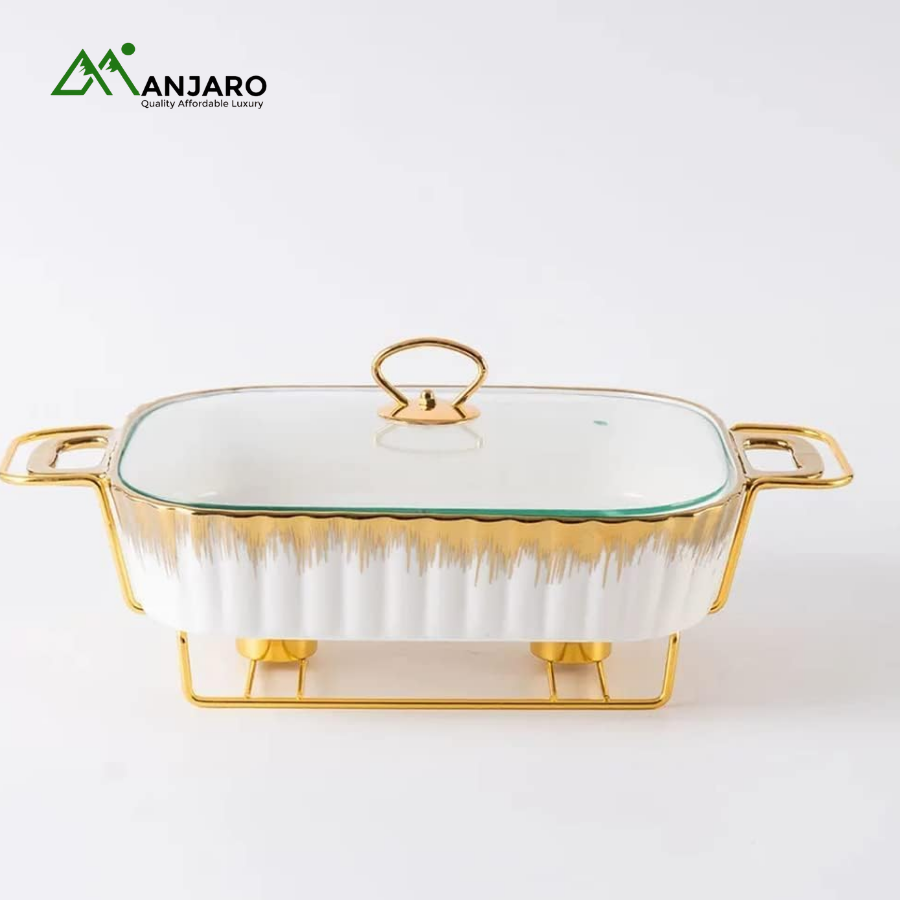 Luxury Ceramic Chafing Dish Set – 3-Piece Buffet Food Warmers with Gold Stand & Glass Lids