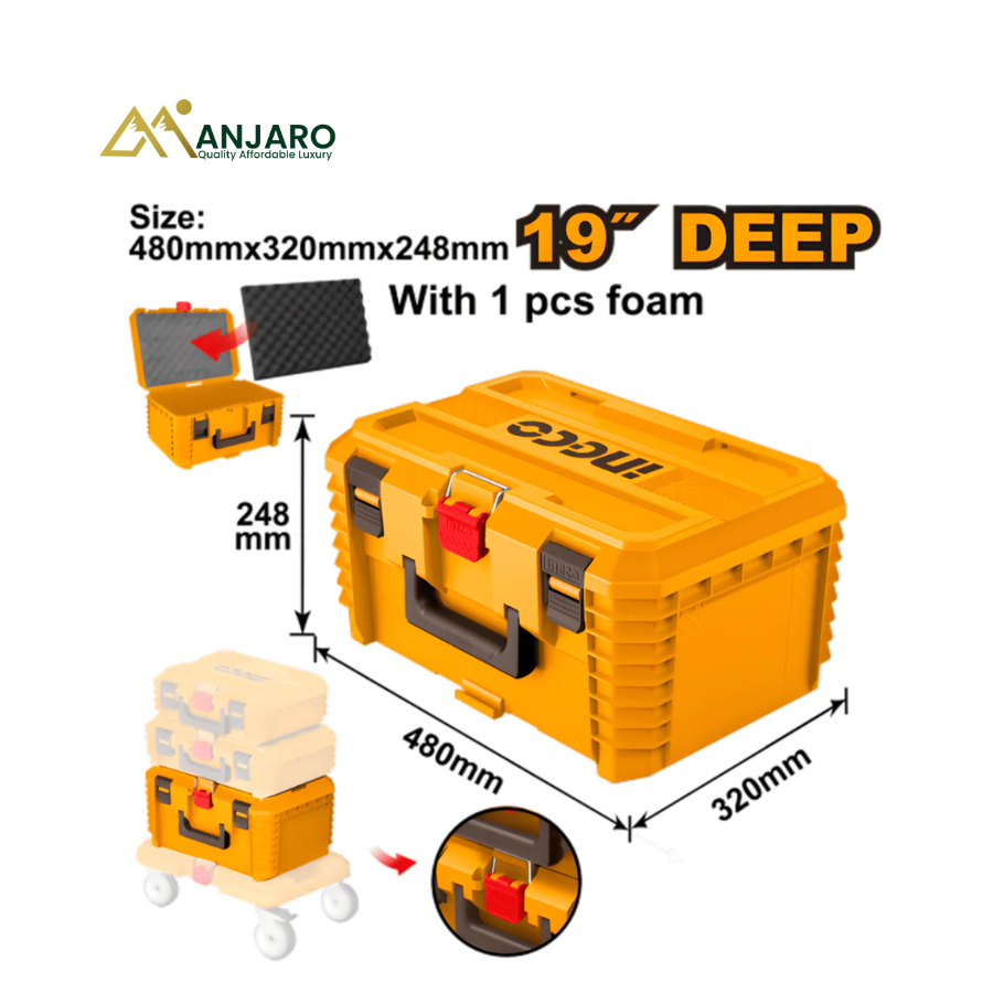 Ingco Stackable Tool Box 19 Inch PP Plastic 25kg Heavy Duty Storage Case PBXS103