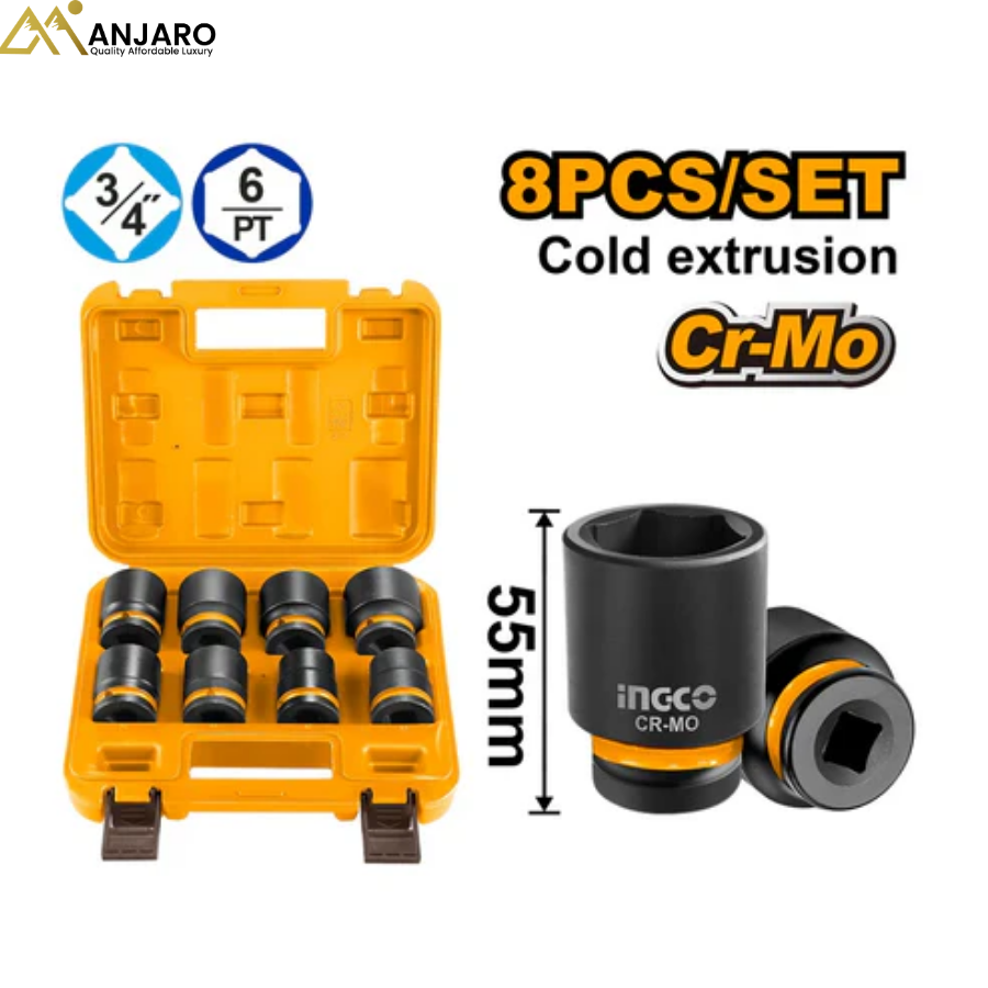 INGCO 8-Pcs 3/4"DR Impact Socket Set – 26-38mm HKISSD34081