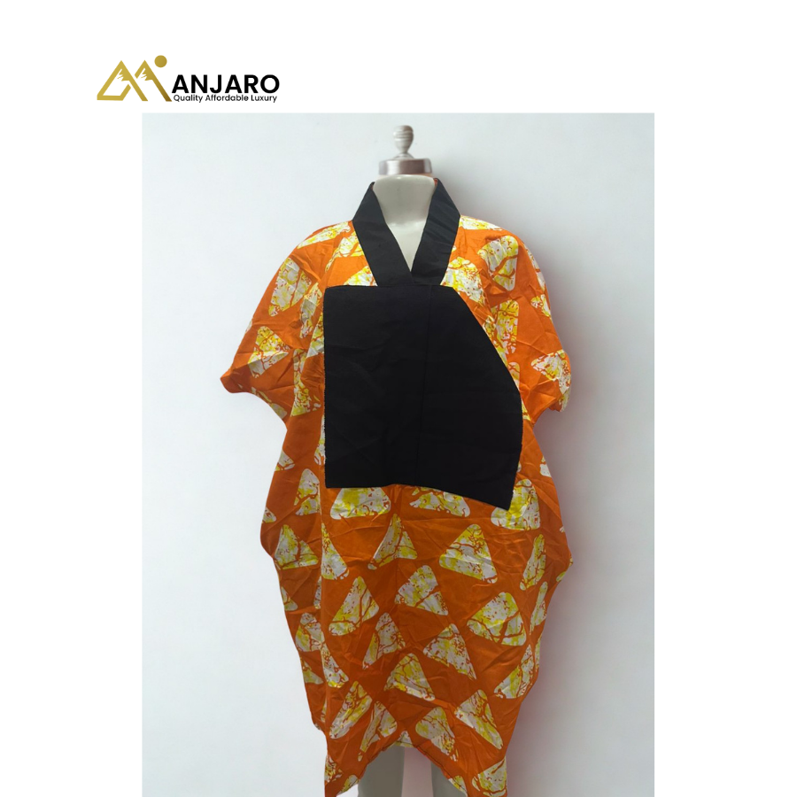 African Print Bubu Dress with Bold Statement Panel – One Size, Loose Fit, Breathable & Elegant