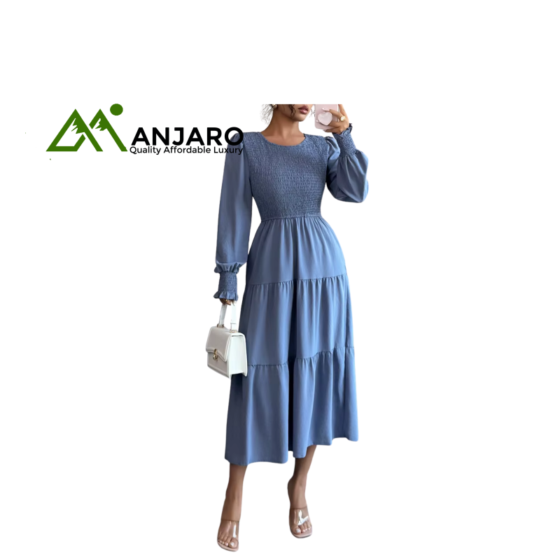 Long Sleeve O-Neck Midi Ladies Dress – Pleated A-Line Fall Women’s Casual Dress
