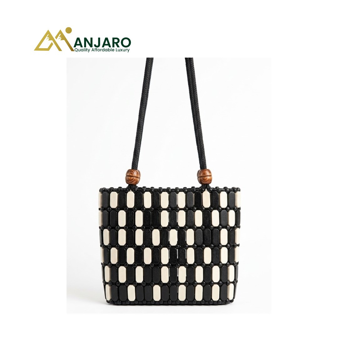 Onyx & Ivory Beaded Mini-Tote – Monochrome Mosaic Fusion