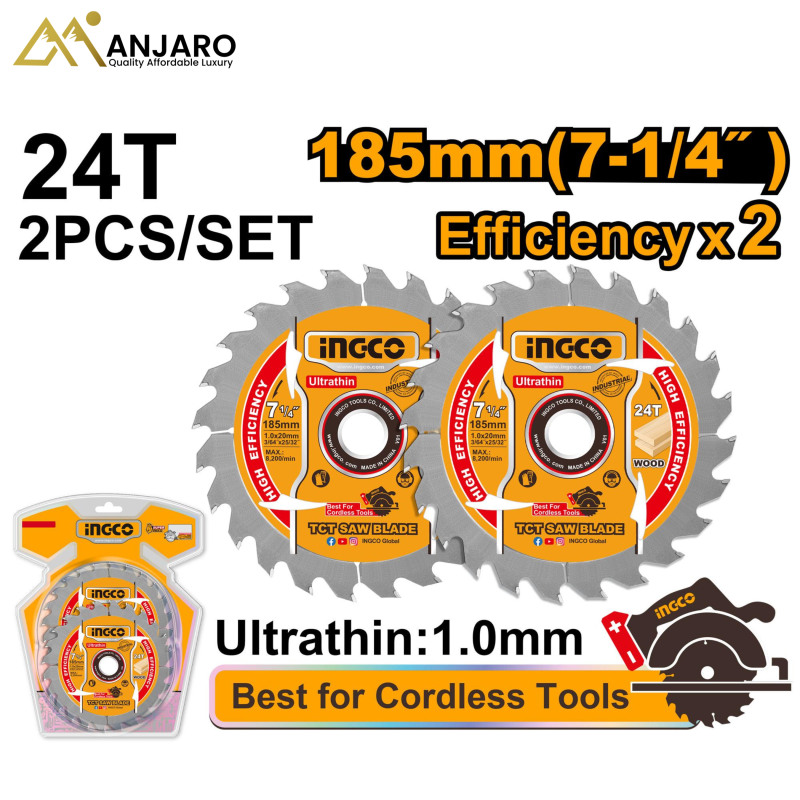 INGCO Ultra-Thin TCT Saw Blade Set – 185mm (2pcs)  TSB1853