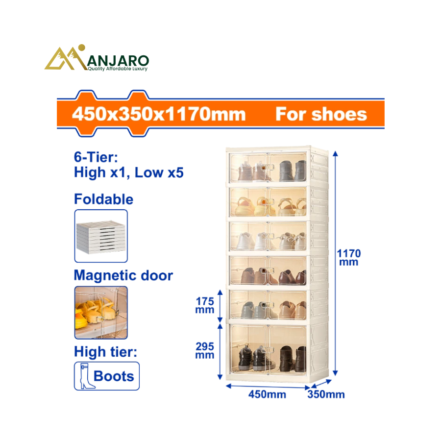 Wadfow Folding Shoe Cabinet– 6-Tier Double Row Storage Organizer – Cream & Transparent – 12 Pairs Capacity  WFCB1106
