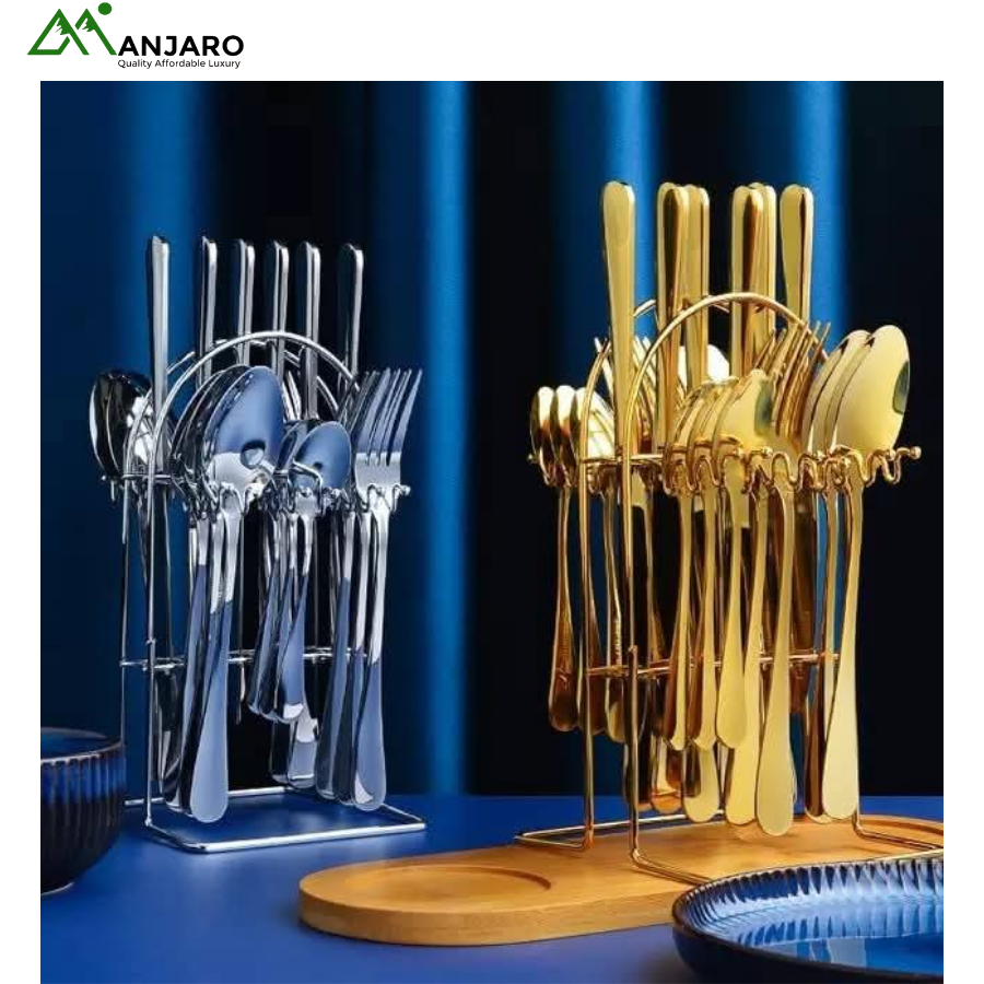 Premium 24-Piece Stainless Steel Cutlery Set with Stand – Elegant Gold & Silver Tableware for Dining & Gifting
