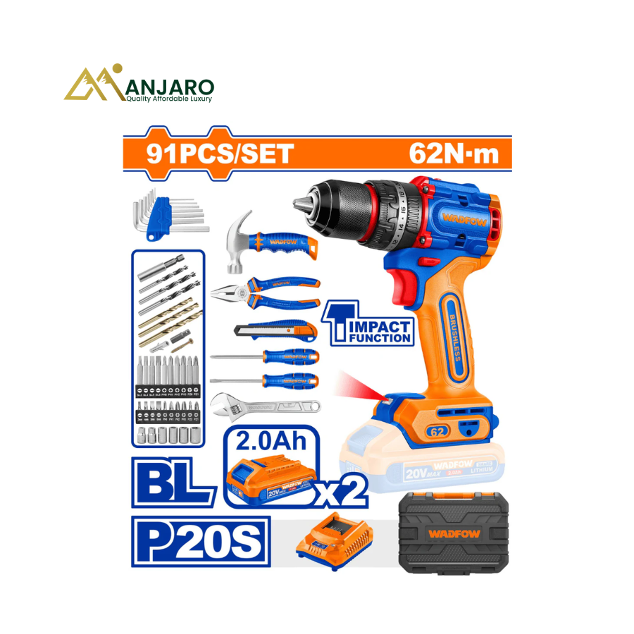 WADFOW 91-Piece Cordless Brushless Tool Set – 20V Impact Drill Kit with 2 Batteries WDT4B91