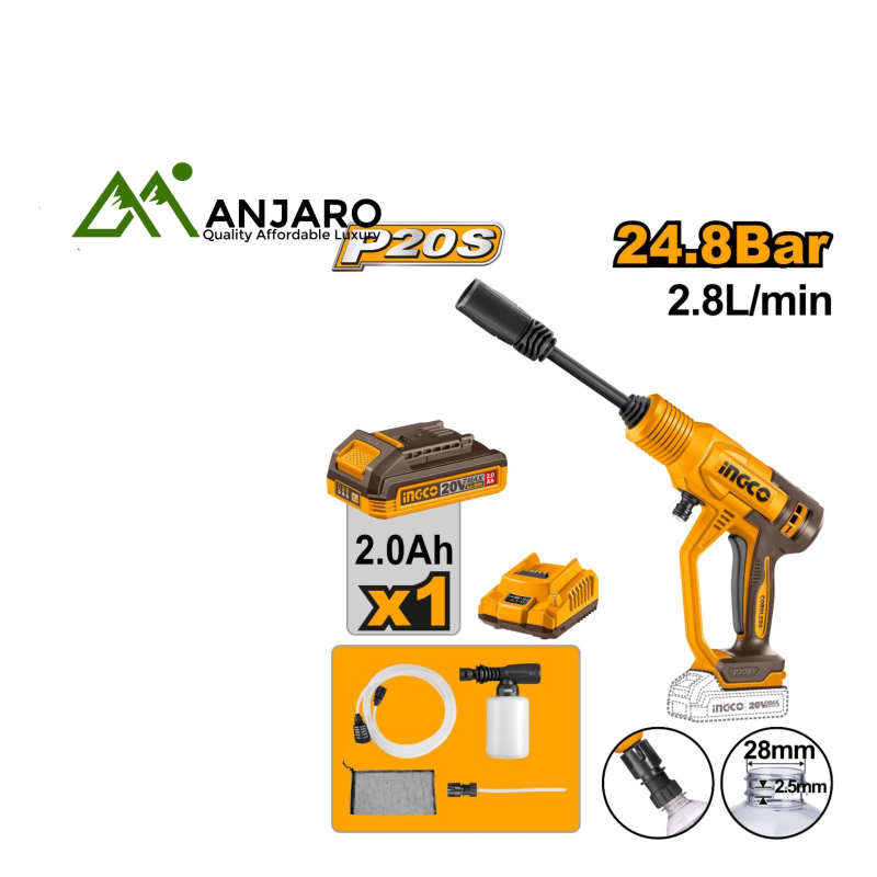 CPWLI20362 Cordless Pressure Washer 20V – 24.8Bar High-Pressure Cleaner with 2.8L/min Flow & 2.0Ah Battery + Charger | Portable Power Washer Kit