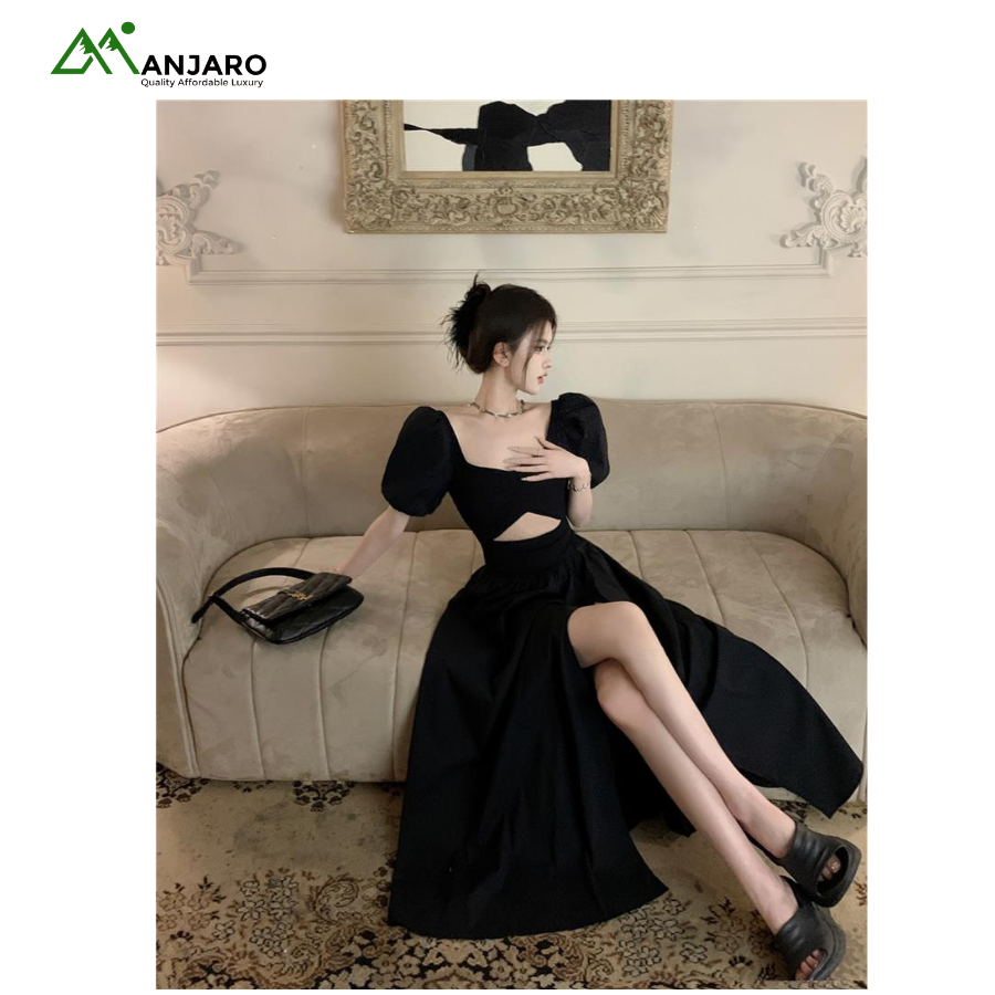 Women's French-Style Black Dress | Elegant Waist-Slimming Slit Midi Skirt Two-Piece Set for Women(Shipping Fee Included)