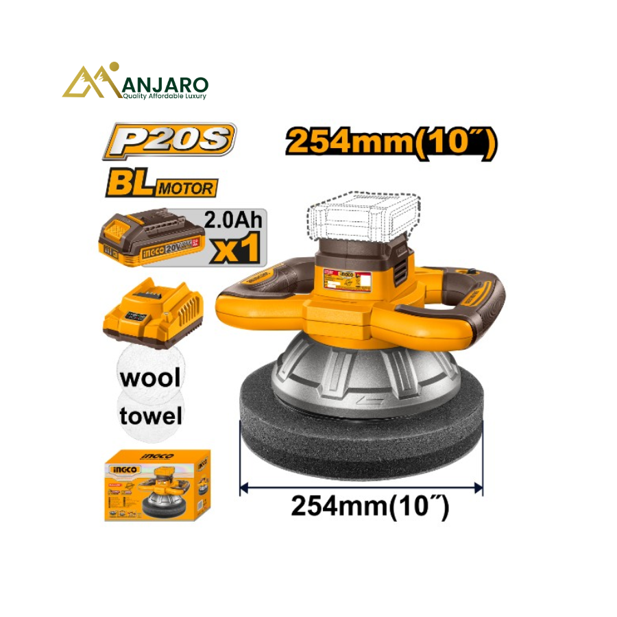 INGCO 20V Brushless Cordless Polisher – 254mm Polishing Disc with Battery & Charger COPLI2025481