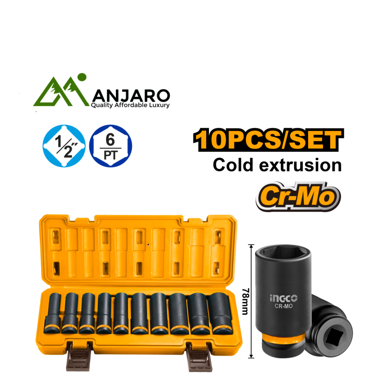 Ingco 10-Piece 1/2" Deep Impact Socket Set HKISSD12102L