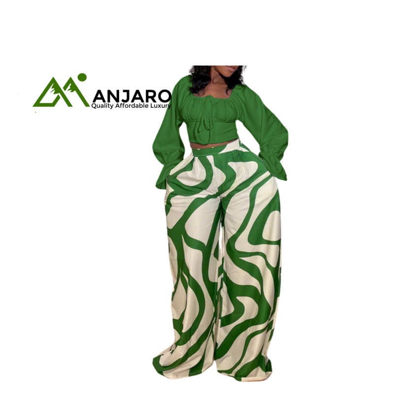 Two Piece Set – Printed Top & Wide-Leg Pants for Women | Casual Daily Wear Outfit