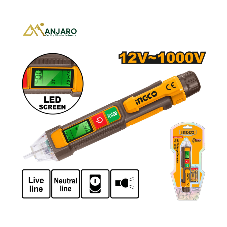 Ingco AC Voltage Detector – Non-Contact Voltage Tester 12V–1000V with Sound & Light Alarm VD210003