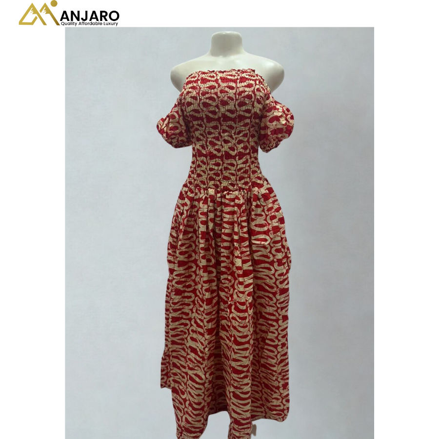 Off-Shoulder Smocked Maxi Dress – Red & Cream Leaf Motif