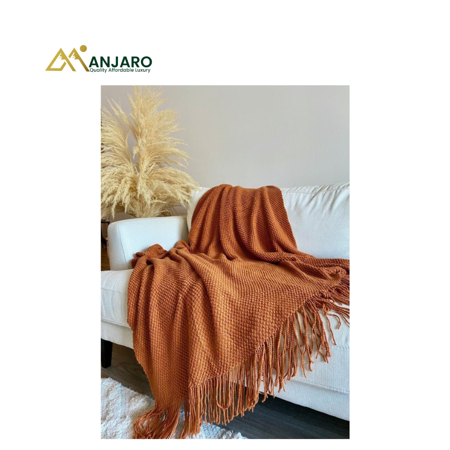 Luxury Waffle Knit Throw Blanket – Terracotta Orange Boho Fringe – 130 × 170 cm