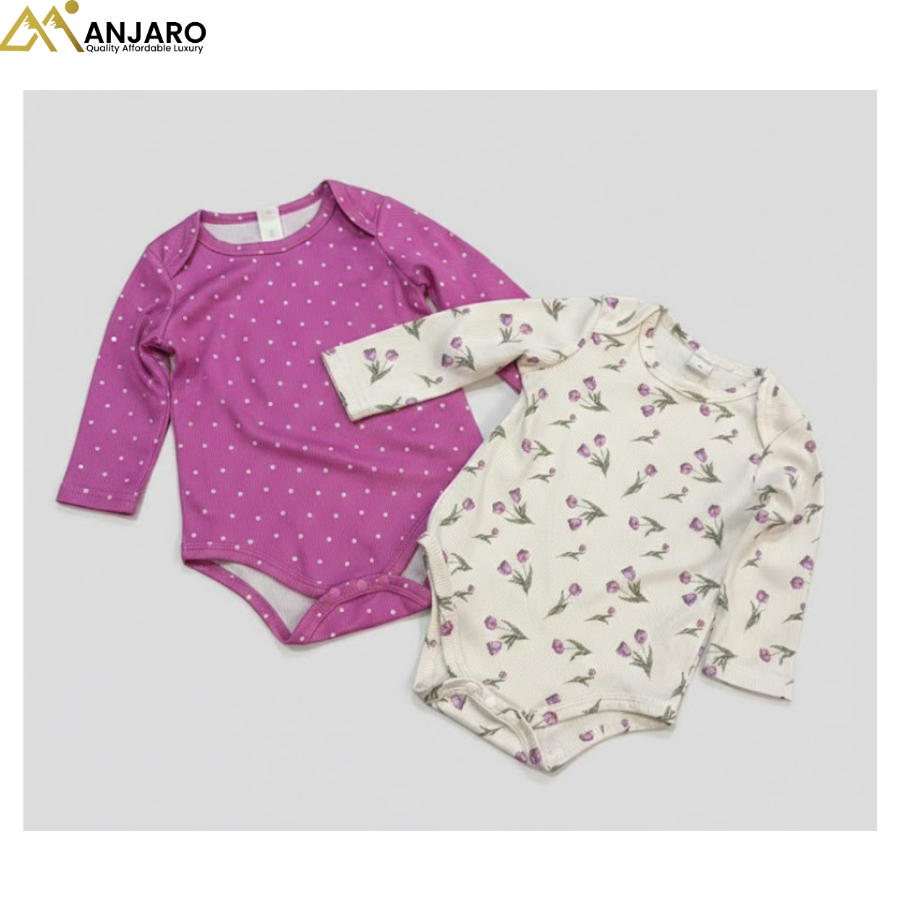 Baby Girls Long Sleeve Bodysuit Set – 2 Pack Floral & Polka Dot Rompers (0–24 Months)