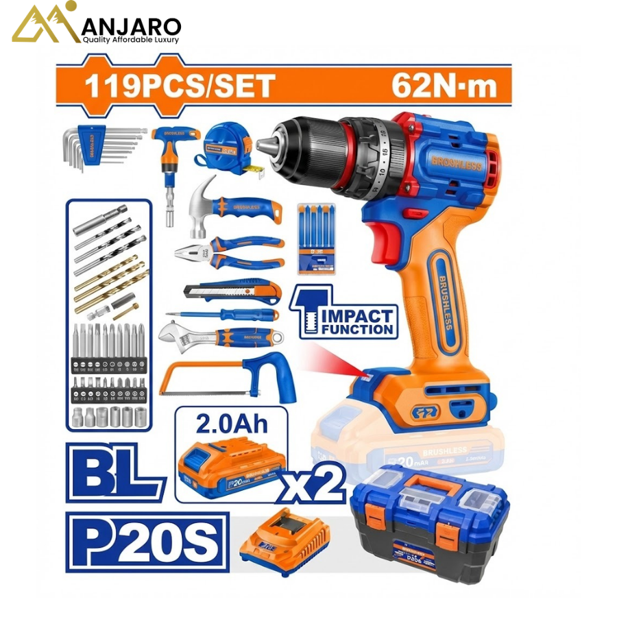 Wadfow 119-Piece Tool Set with 20V Brushless Impact Drill – 62Nm WDT4B119