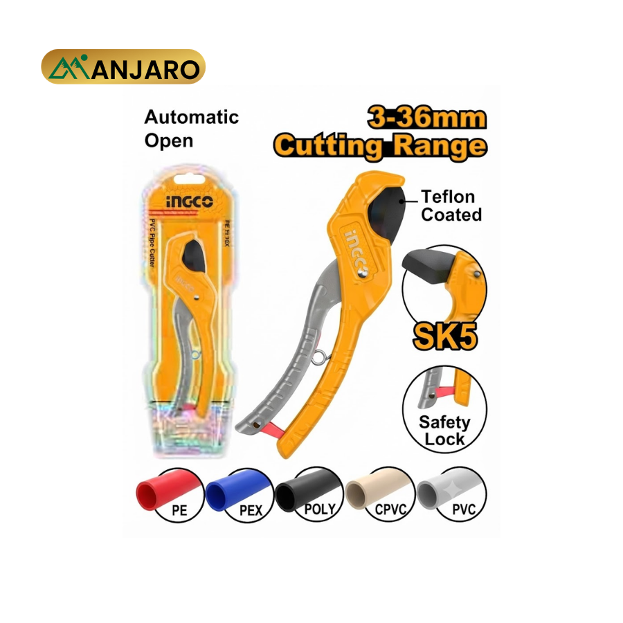 Ingco PVC Pipe Cutter 210mm – 3–36mm Aluminum Pipe Cutting Tool with SK5 Teflon-Coated Blade HPC3135