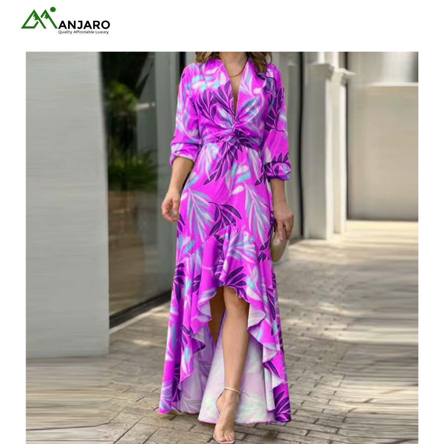 D&M Women’s High-Waisted Printed Split Midi Dress – Elegant V-Neck, Chiffon Flow, Anti-Wrinkle & Summer-Party Ready(Shipping Fee Included)