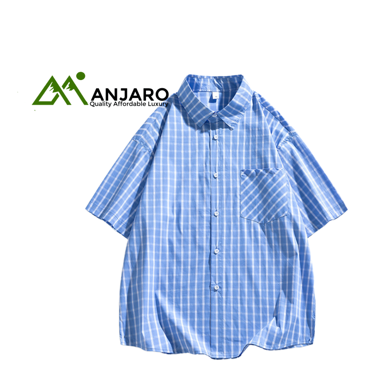 Men’s Flannel Plaid Short Sleeve Shirt – Simple Clean Turn-Down Collar Linen Cotton
